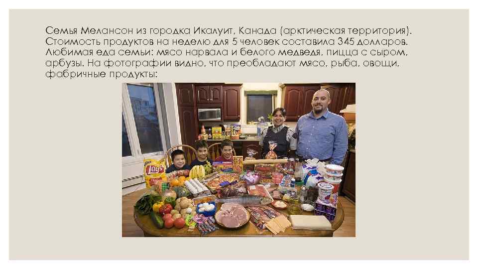 Семья Мелансон из городка Икалуит, Канада (арктическая территория). Стоимость продуктов на неделю для 5