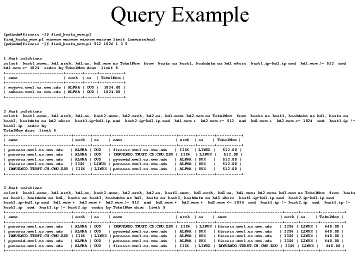 Query Example [pdinda@firenze ~]$ find_hosts_mem. pl minmem maxmem minnum maxnum limit [samearchos] [pdinda@firenze ~]$