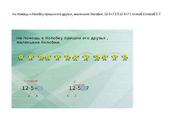 На помощь к Колобку пришли его друзья , маленькие Колобки. 12 -5=7 2 3