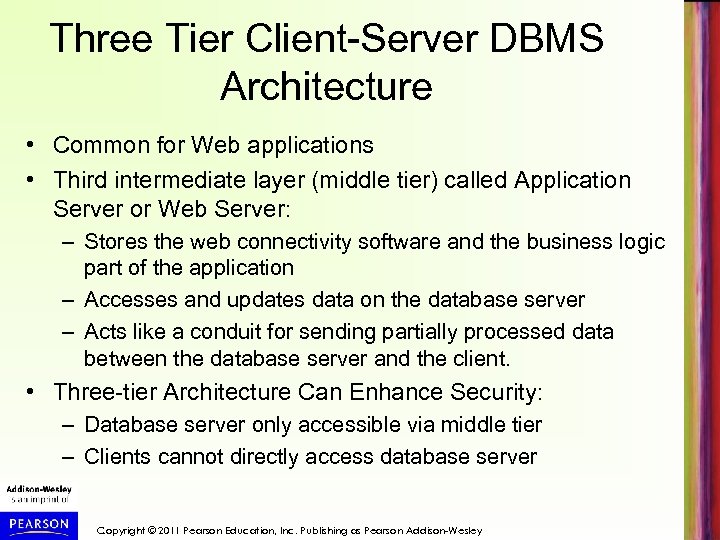 Three Tier Client-Server DBMS Architecture • Common for Web applications • Third intermediate layer