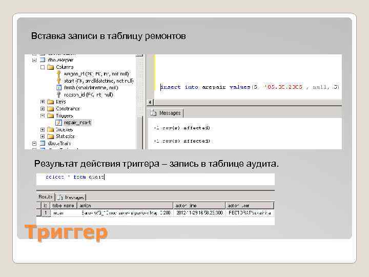 Вставка записи в таблицу ремонтов Результат действия триггера – запись в таблице аудита. Триггер
