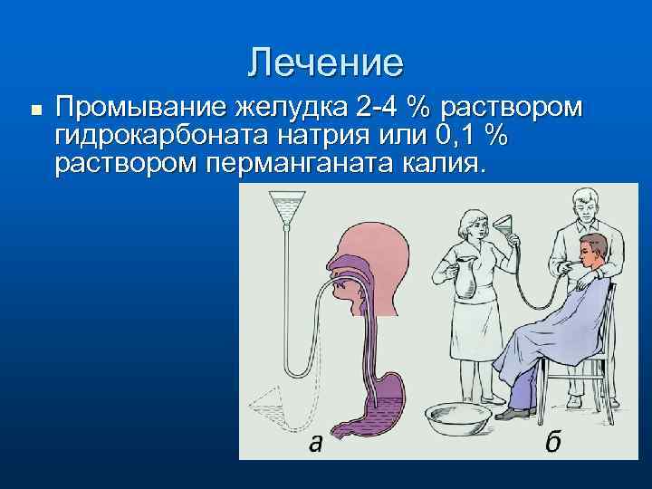 Лечение n Промывание желудка 2 -4 % раствором гидрокарбоната натрия или 0, 1 %