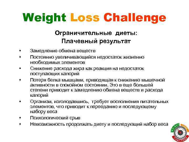 Weight Loss Challenge Ограничительные диеты: Плачевный результат • • Замедление обмена веществ Постоянно увеличивающийся