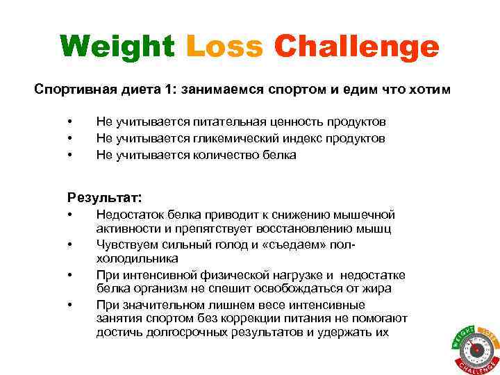 Weight Loss Challenge Спортивная диета 1: занимаемся спортом и едим что хотим • •