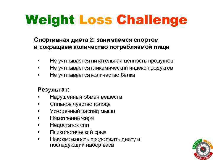 Weight Loss Challenge Спортивная диета 2: занимаемся спортом и сокращаем количество потребляемой пищи •
