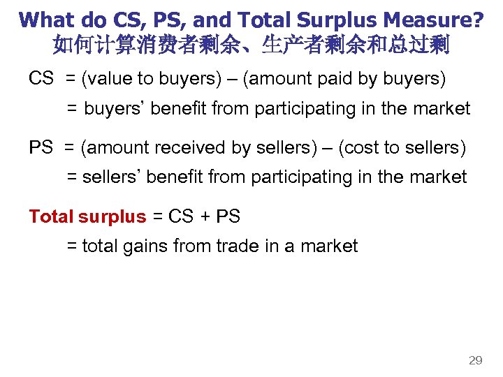 What do CS, PS, and Total Surplus Measure? 如何计算消费者剩余、生产者剩余和总过剩 CS = (value to buyers)