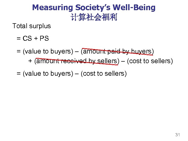 Measuring Society’s Well-Being 计算社会福利 Total surplus = CS + PS = (value to buyers)