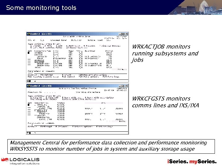 Some monitoring tools WRKACTJOB monitors running subsystems and jobs WRKCFGSTS monitors comms lines and