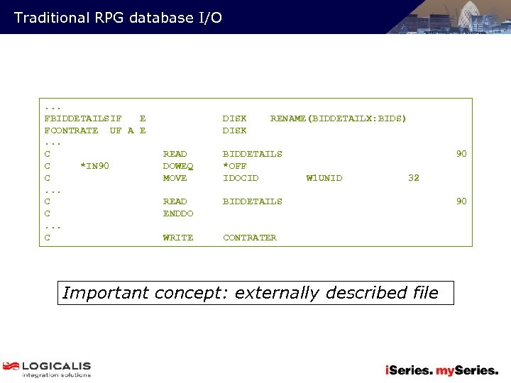 Traditional RPG database I/O . . . FBIDDETAILSIF E FCONTRATE UF A E. .