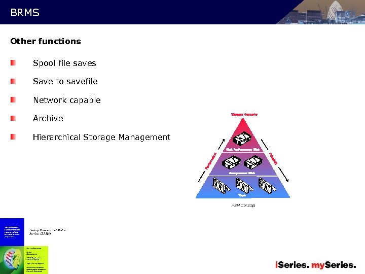 BRMS Other functions Spool file saves Save to savefile Network capable Archive Hierarchical Storage