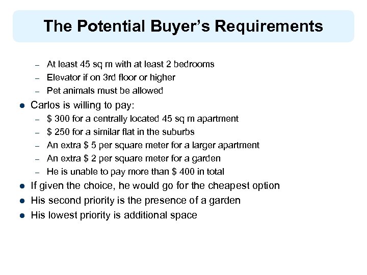 The Potential Buyer’s Requirements – – – l Carlos is willing to pay: –