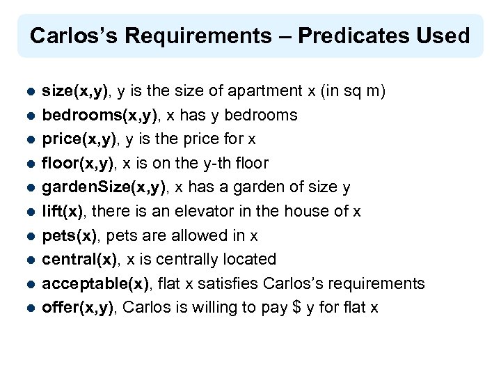 Carlos’s Requirements – Predicates Used l l l l l size(x, y), y is