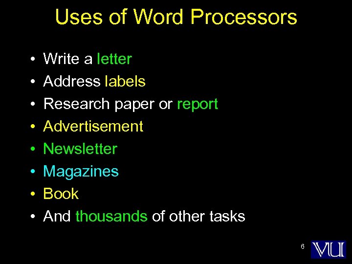 Uses of Word Processors • • Write a letter Address labels Research paper or