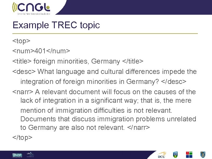 Example TREC topic <top> <num>401</num> <title> foreign minorities, Germany </title> <desc> What language and