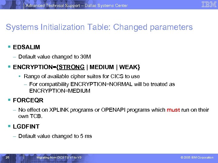 Advanced Technical Support – Dallas Systems Center Systems Initialization Table: Changed parameters § EDSALIM