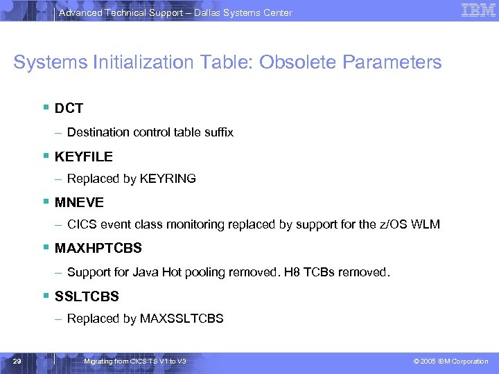 Advanced Technical Support – Dallas Systems Center Systems Initialization Table: Obsolete Parameters § DCT