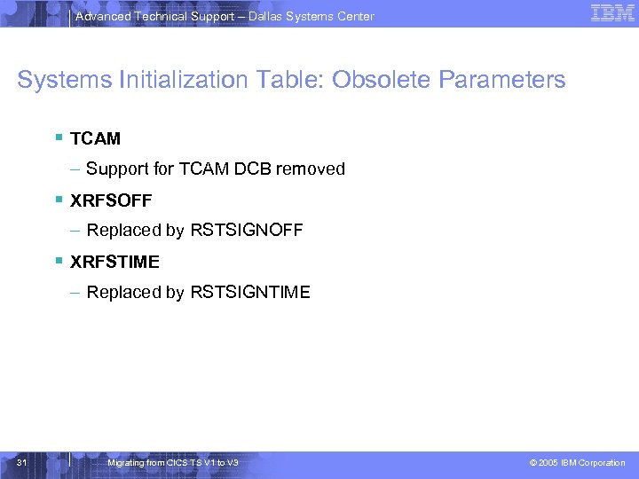 Advanced Technical Support – Dallas Systems Center Systems Initialization Table: Obsolete Parameters § TCAM