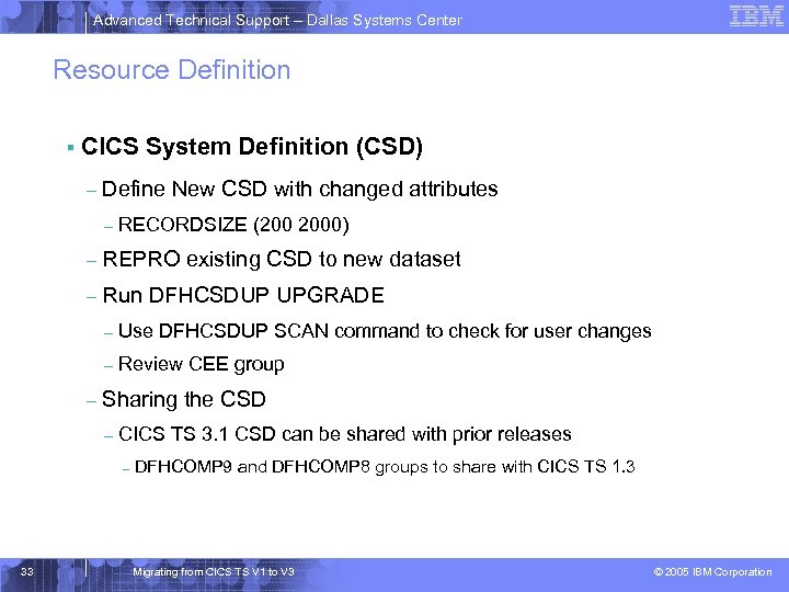 Advanced Technical Support – Dallas Systems Center Resource Definition § CICS System Definition (CSD)