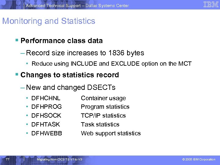 Advanced Technical Support – Dallas Systems Center Monitoring and Statistics § Performance class data