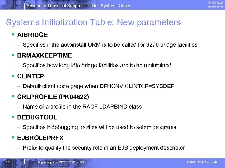 Advanced Technical Support – Dallas Systems Center Systems Initialization Table: New parameters § AIBRIDGE