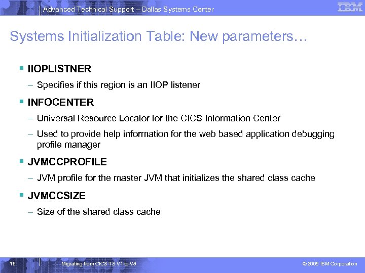 Advanced Technical Support – Dallas Systems Center Systems Initialization Table: New parameters… § IIOPLISTNER