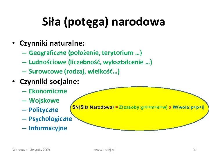 Siła (potęga) narodowa • Czynniki naturalne: – Geograficzne (położenie, terytorium …) – Ludnościowe (liczebność,