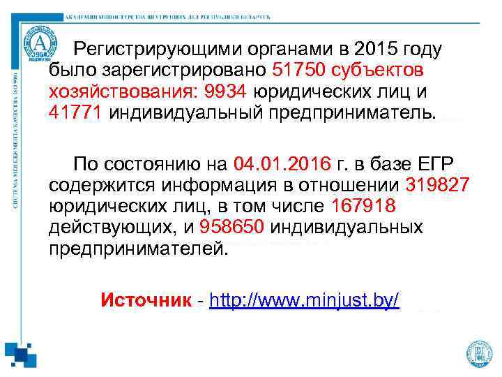 Регистрирующими органами в 2015 году было зарегистрировано 51750 субъектов хозяйствования: 9934 юридических лиц и