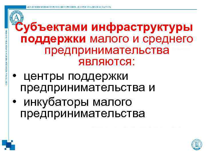 Субъектами инфраструктуры поддержки малого и среднего предпринимательства являются: • центры поддержки предпринимательства и •