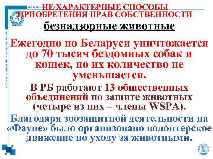 НЕ ХАРАКТЕРНЫЕ СПОСОБЫ ПРИОБРЕТЕНИЯ ПРАВ СОБСТВЕННОСТИ безнадзорные животные Ежегодно по Беларуси уничтожается до 70