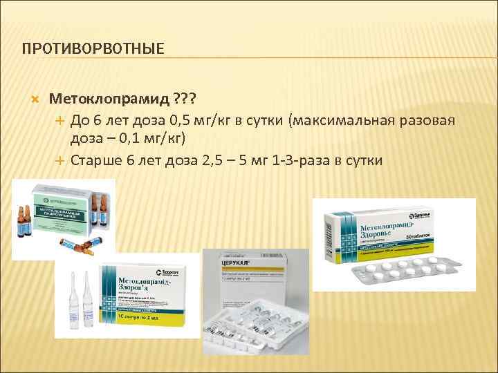 ПРОТИВОРВОТНЫЕ Метоклопрамид ? ? ? До 6 лет доза 0, 5 мг/кг в сутки