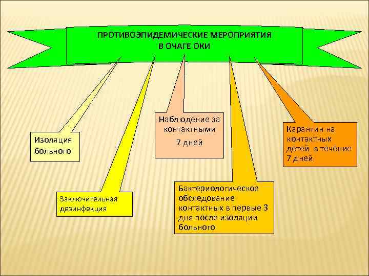 ПРОТИВОЭПИДЕМИЧЕСКИЕ МЕРОПРИЯТИЯ В ОЧАГЕ ОКИ Изоляция больного Заключительная дезинфекция Наблюдение за контактными 7 дней