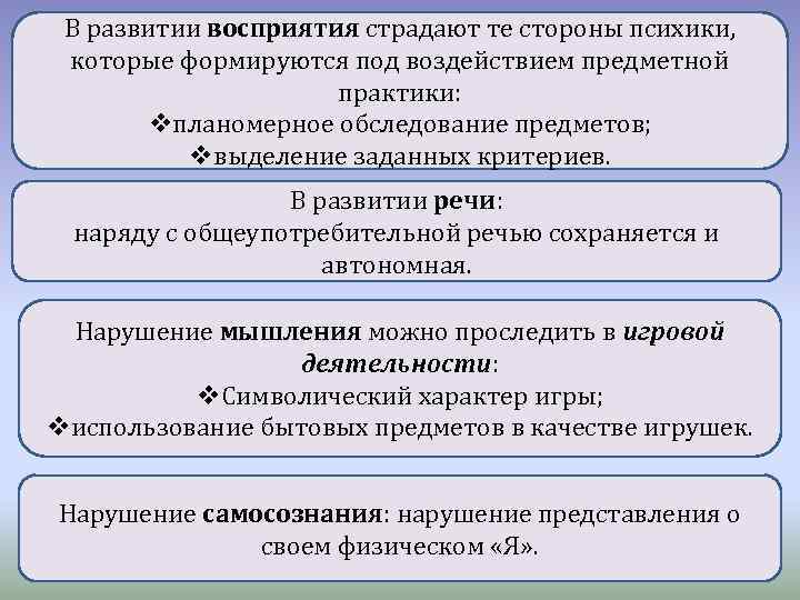 В развитии восприятия страдают те стороны психики, которые формируются под воздействием предметной практики: vпланомерное