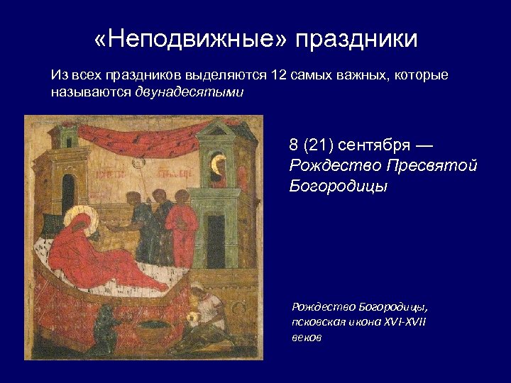  «Неподвижные» праздники Из всех праздников выделяются 12 самых важных, которые называются двунадесятыми 8