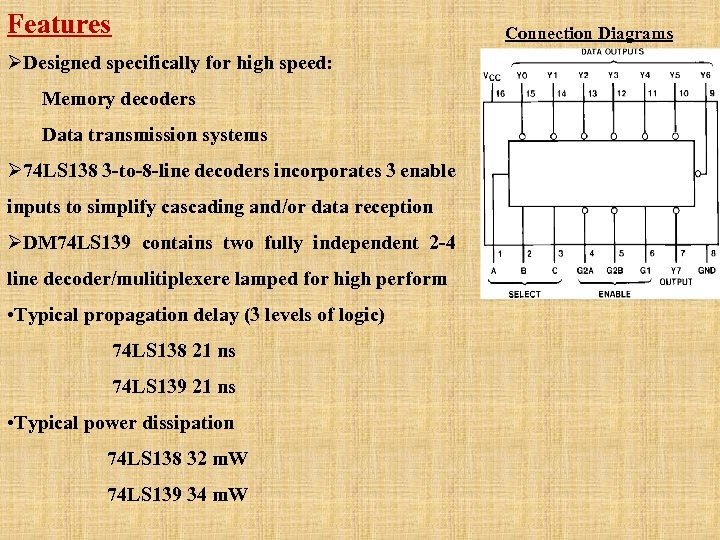 Features ØDesigned specifically for high speed: Memory decoders Data transmission systems Ø 74 LS