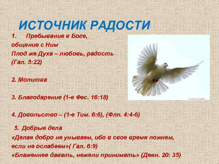 ИСТОЧНИК РАДОСТИ 1. Пребывание в Боге, общение с Ним Плод же Духа – любовь,