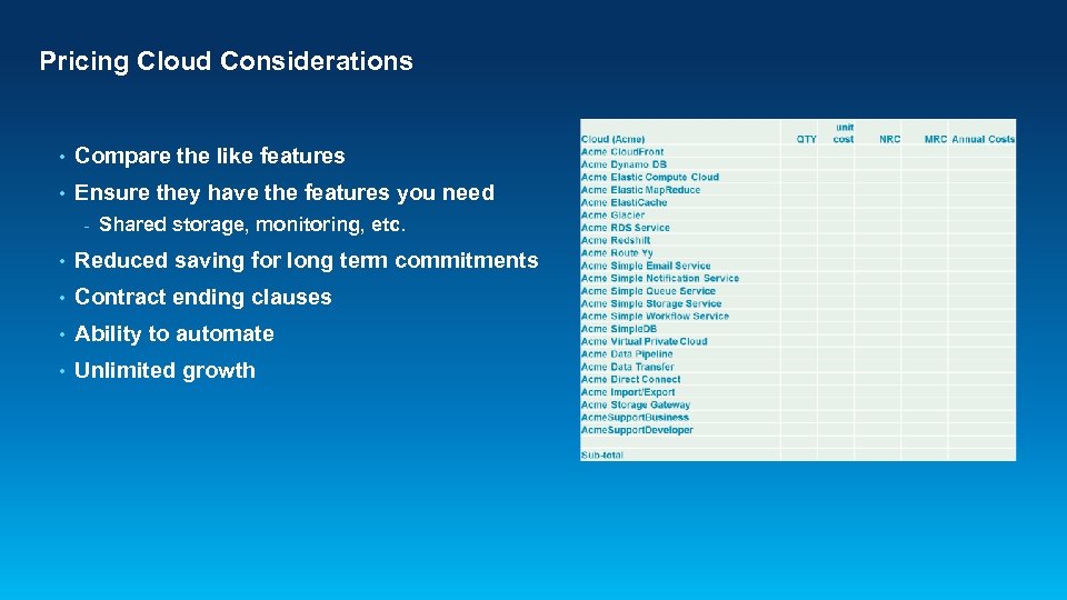 Pricing Cloud Considerations • Compare the like features • Ensure they have the features