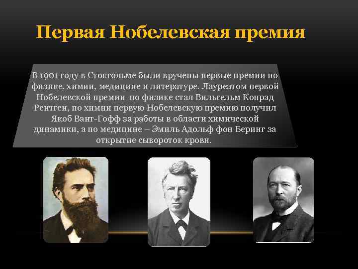 Первая Нобелевская премия В 1901 году в Стокгольме были вручены первые премии по физике,