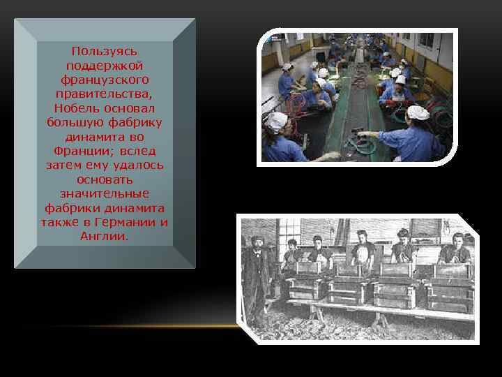 Пользуясь поддержкой французского правительства, Нобель основал большую фабрику динамита во Франции; вслед затем ему