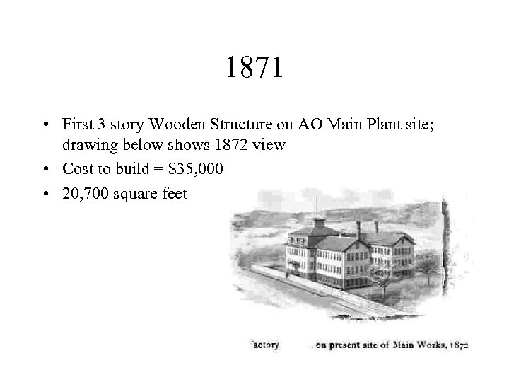 1871 • First 3 story Wooden Structure on AO Main Plant site; drawing below