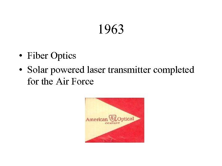 1963 • Fiber Optics • Solar powered laser transmitter completed for the Air Force