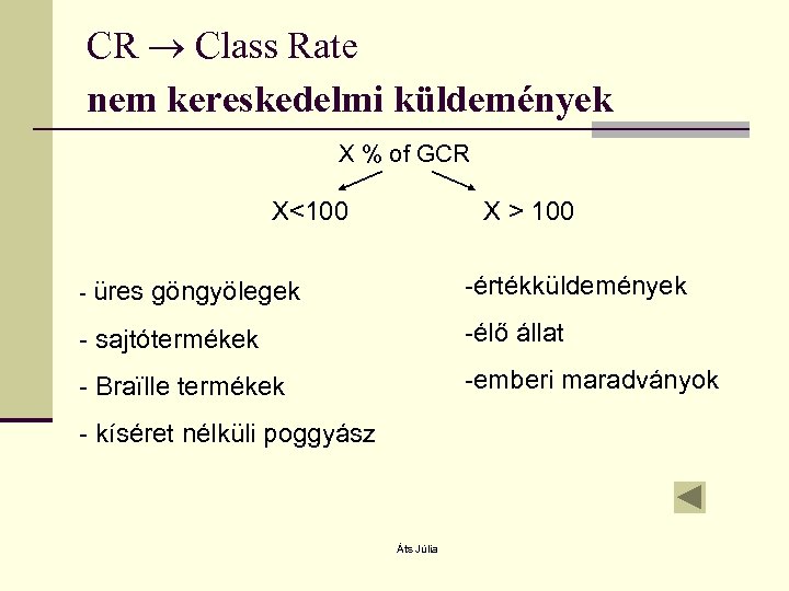 CR Class Rate nem kereskedelmi küldemények X % of GCR X<100 - üres X