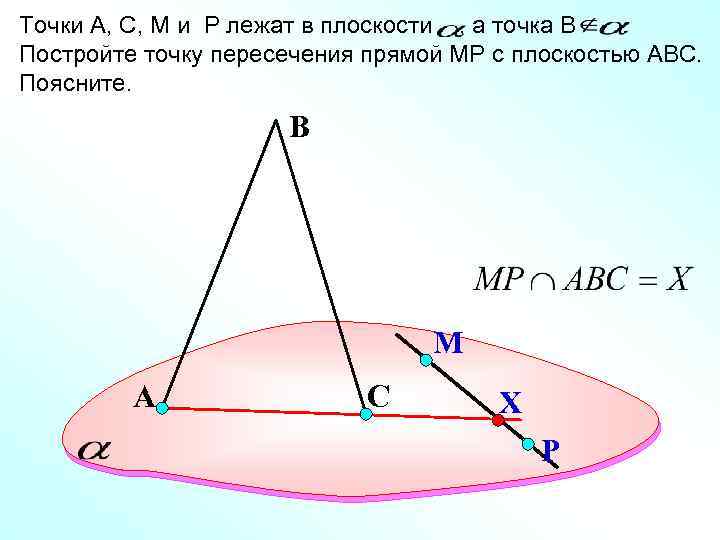 Точки А, С, M и P лежат в плоскости , а точка В. Постройте