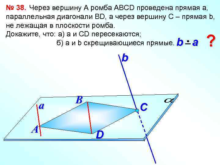 № 38. Через вершину А ромба АВСD проведена прямая а, параллельная диагонали ВD, а