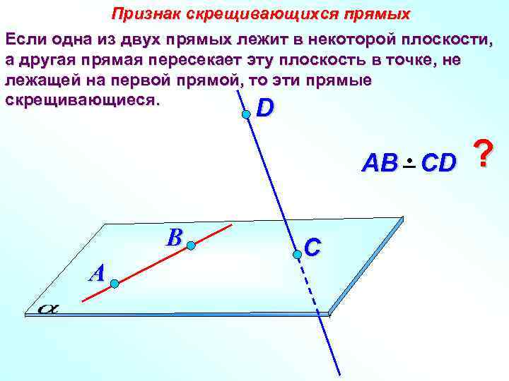 Признак скрещивающихся прямых Если одна из двух прямых лежит в некоторой плоскости, а другая