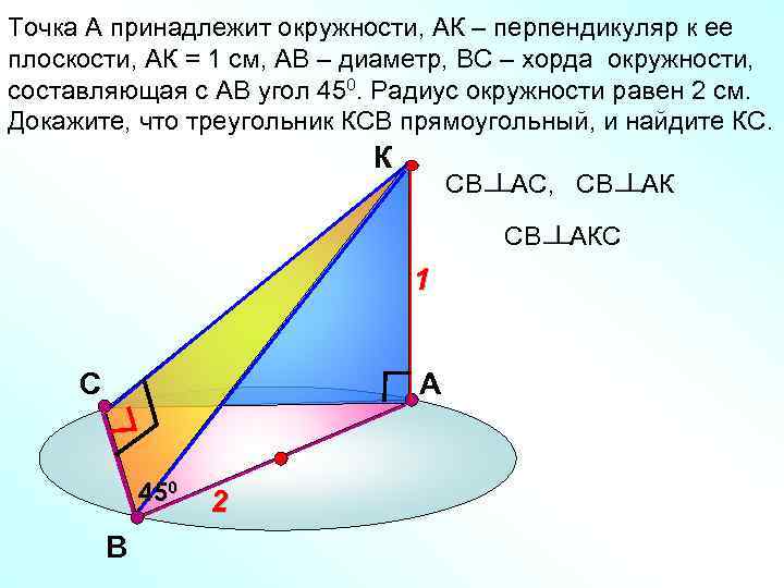Точка А принадлежит окружности, АК – перпендикуляр к ее плоскости, АК = 1 см,