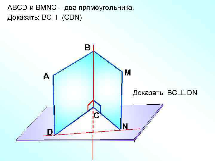 ABCD и ВMNС – два прямоугольника. Доказать: ВС (СDN) В M А Доказать: ВС