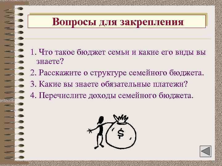 Вопросы для закрепления 1. Что такое бюджет семьи и какие его виды вы знаете?