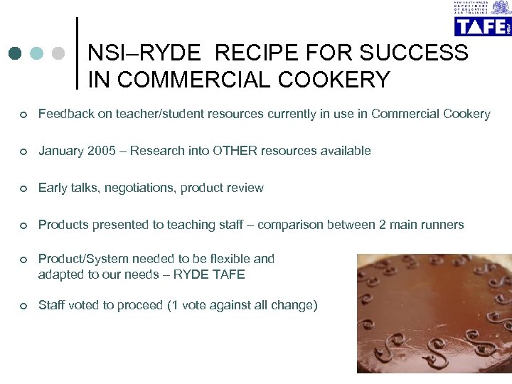 NSI–RYDE RECIPE FOR SUCCESS IN COMMERCIAL COOKERY ¢ Feedback on teacher/student resources currently in