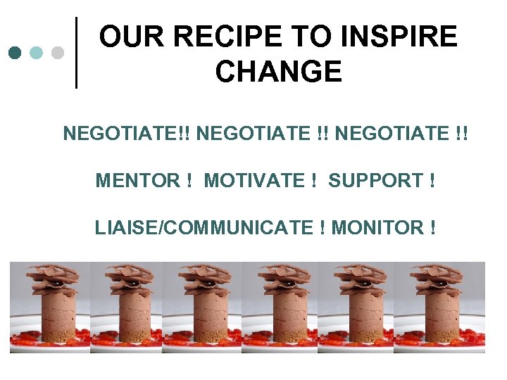 OUR RECIPE TO INSPIRE CHANGE NEGOTIATE!! NEGOTIATE !! MENTOR ! MOTIVATE ! SUPPORT !