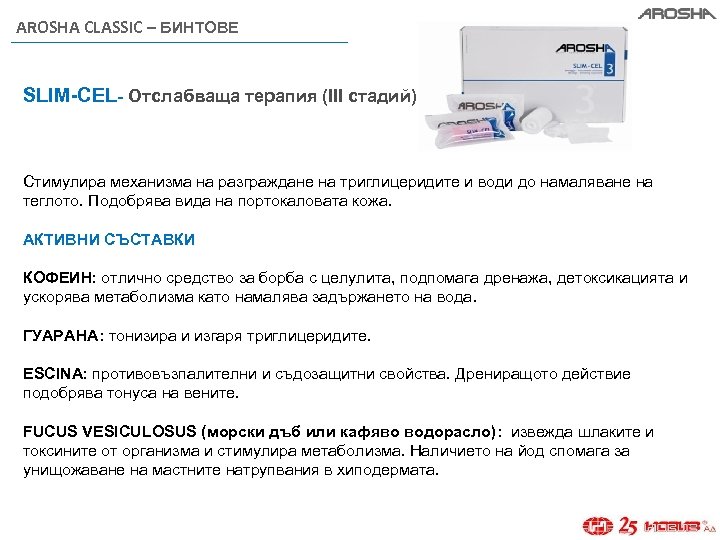 AROSHA CLASSIC – БИНТОВЕ SLIM-CEL- Отслабваща терапия (III стадий) Стимулира механизма на разграждане на